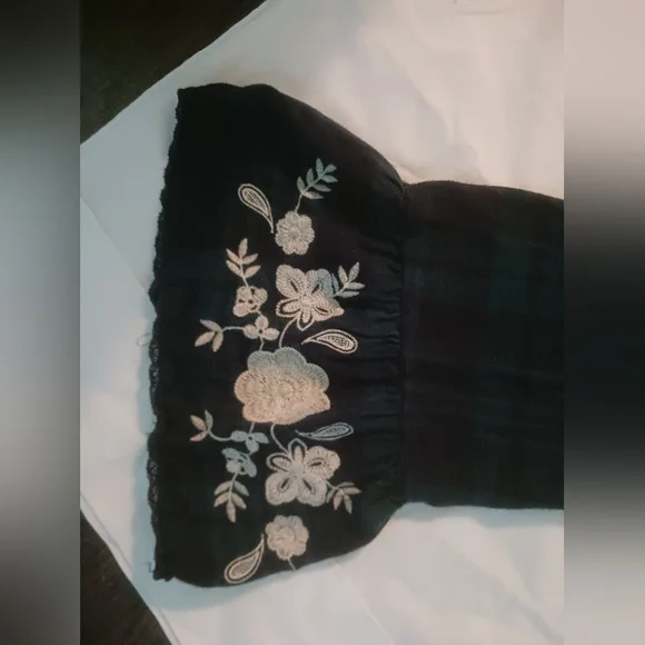 Altered States Women's Blue Plaid Lace Top With Embroideres Bell Sleeves. Medium - Picture 6 of 9